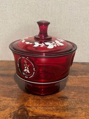 Westmoreland Ruby Red Covered Glass Candy Dish with White Floral Painted Detail